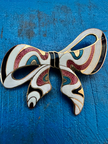 1980s LARGE ENAMELLED BOW BROOCH