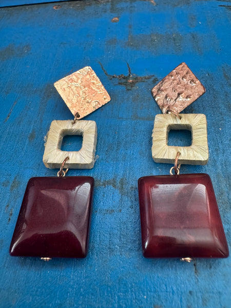 VINTAGE BURGUNDY AND GOLD LARGE DANGLE EARRINGS