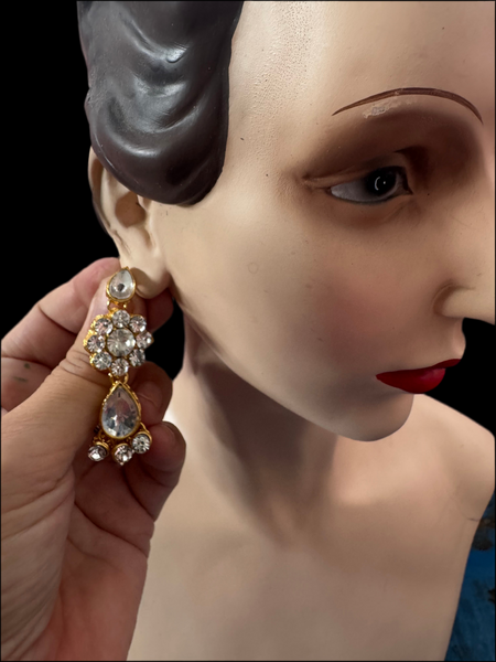 GOLD AND DIAMANTÉ LARGE WATERFALL EARRINGS FOR PIERCED EARS