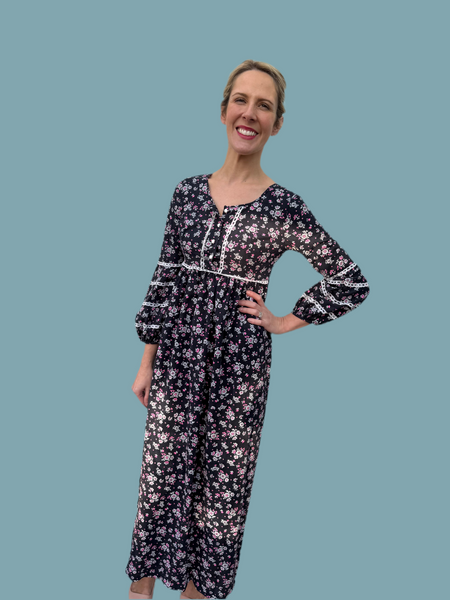 1960s NAVY BLUE MAXI DRESS WITH DITSY PRINT