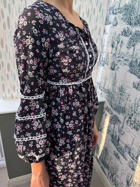 1960s NAVY BLUE MAXI DRESS WITH DITSY PRINT