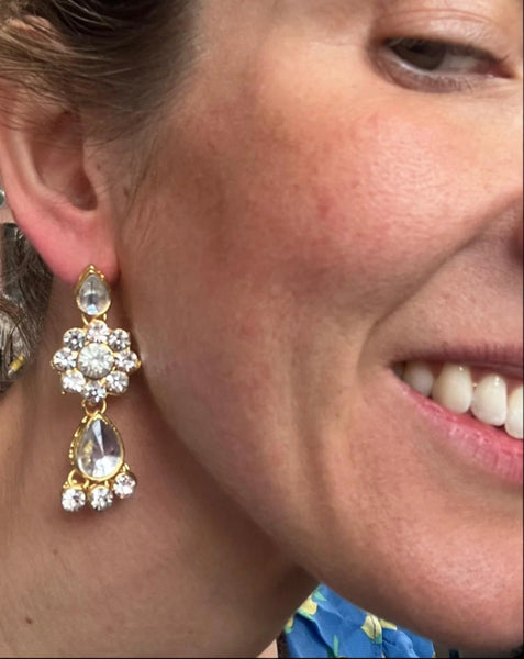 GOLD AND DIAMANTÉ LARGE WATERFALL EARRINGS FOR PIERCED EARS