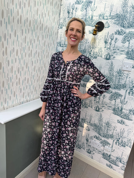 1960s NAVY BLUE MAXI DRESS WITH DITSY PRINT