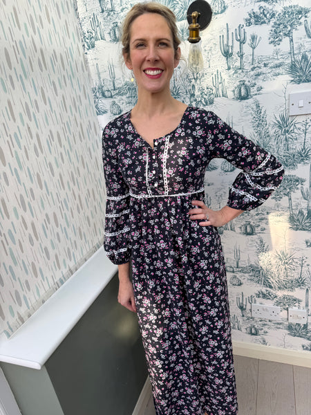 1960s NAVY BLUE MAXI DRESS WITH DITSY PRINT