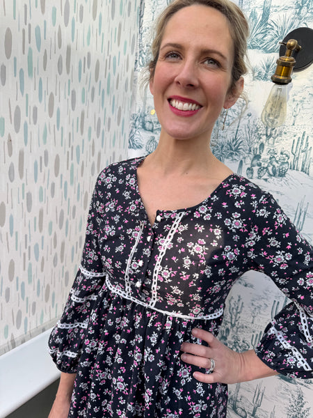 1960s NAVY BLUE MAXI DRESS WITH DITSY PRINT