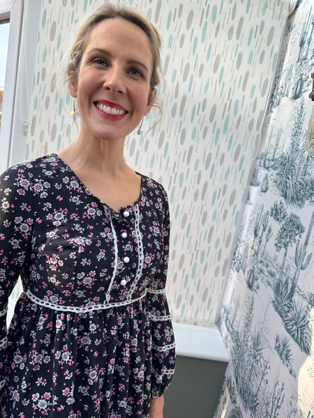 1960s NAVY BLUE MAXI DRESS WITH DITSY PRINT