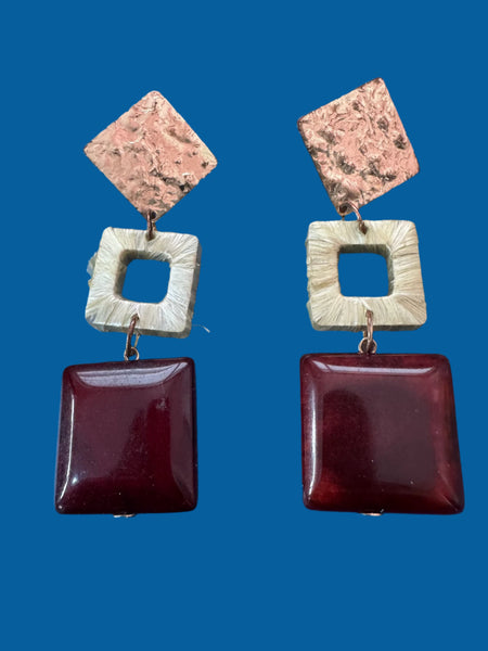VINTAGE BURGUNDY AND GOLD LARGE DANGLE EARRINGS