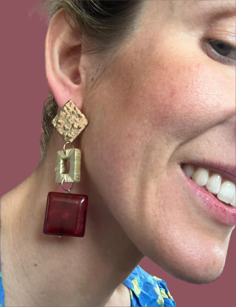 VINTAGE BURGUNDY AND GOLD LARGE DANGLE EARRINGS