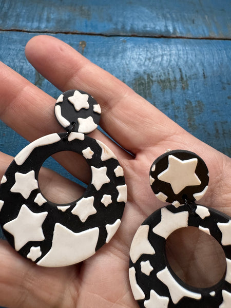 BLACK AND WHITE POLYMER CLAY STAR EARRINGS FOR PIERCED EARS