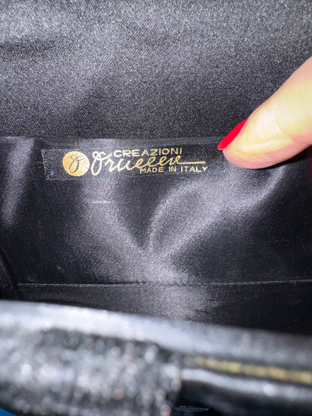 VINTAGE BLACK VELVET STRIPED EVENING BAG WITH LONG GOLD CHAIN