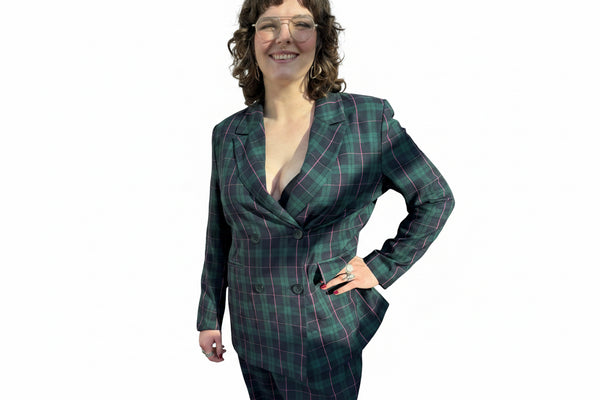 GREEN AND BLUE TARTAN TROUSER SUIT
