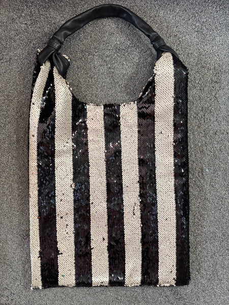 LARGE BLACK AND SILVER SEQUINNED STRIPES BAG
