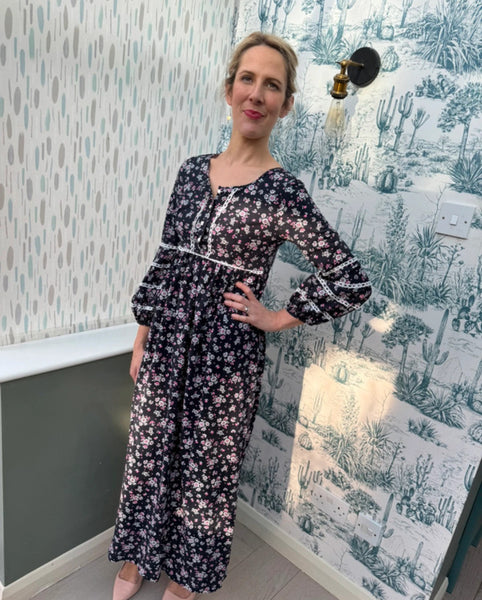 1960s NAVY BLUE MAXI DRESS WITH DITSY PRINT