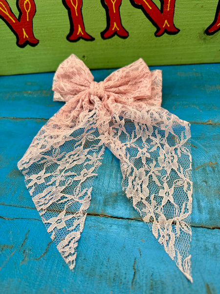 LARGE VINTAGE PINK LACE HAIR BOW
