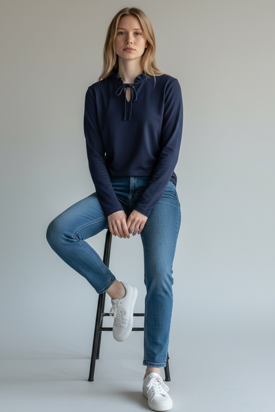 1960s NAVY BLUE TOP WITH RUFFLE COLLAR