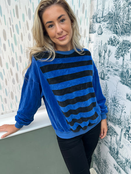 1970s BLUE AND BLACK STRIPED VELOUR TOP