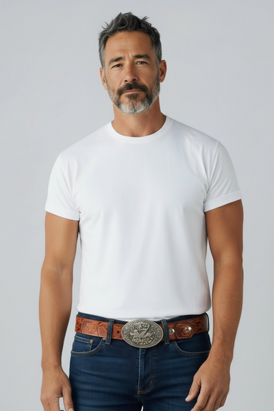 1981 VINTAGE BROWN LEATHER BELT WITH SILVER COWBOY BUCKLE