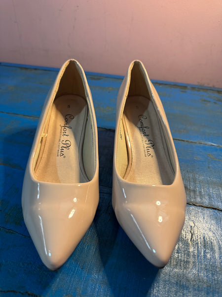 TOYAH BEIGE PATENT LOWER HEELED SHOES