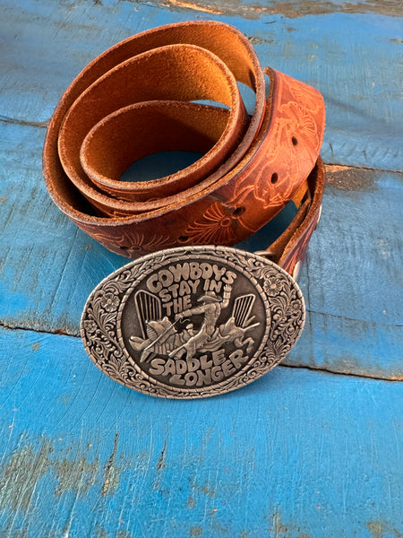 1981 VINTAGE BROWN LEATHER BELT WITH SILVER COWBOY BUCKLE