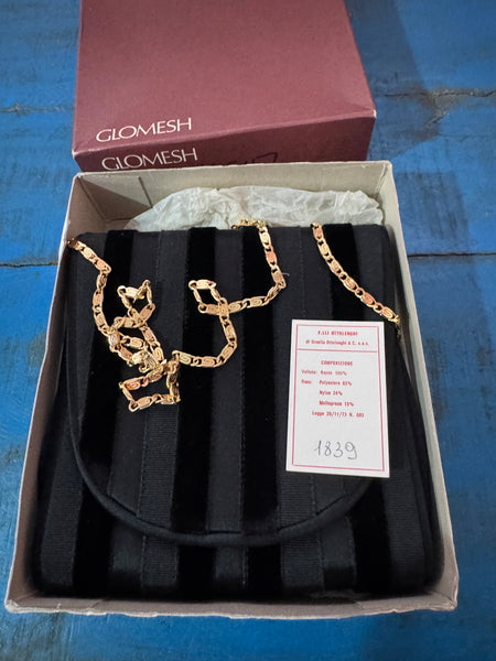 VINTAGE BLACK VELVET STRIPED EVENING BAG WITH LONG GOLD CHAIN