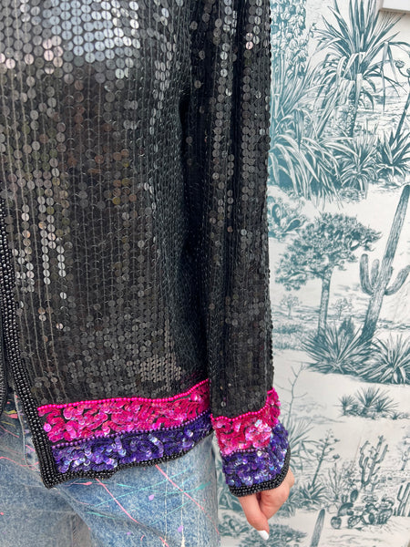 1970s BLACK PINK AND PURPLE SEQUINNED SILK JACKET