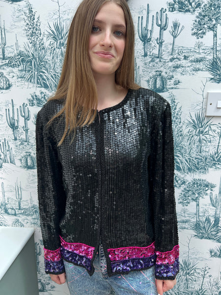 1970s BLACK PINK AND PURPLE SEQUINNED SILK JACKET