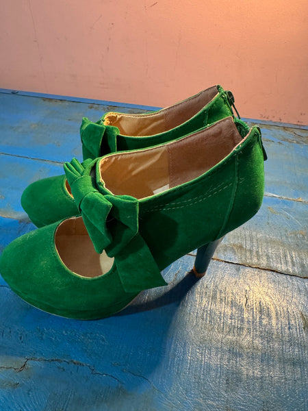 TOYAH GREEN HIGH HEELED SHOES WITH BOW