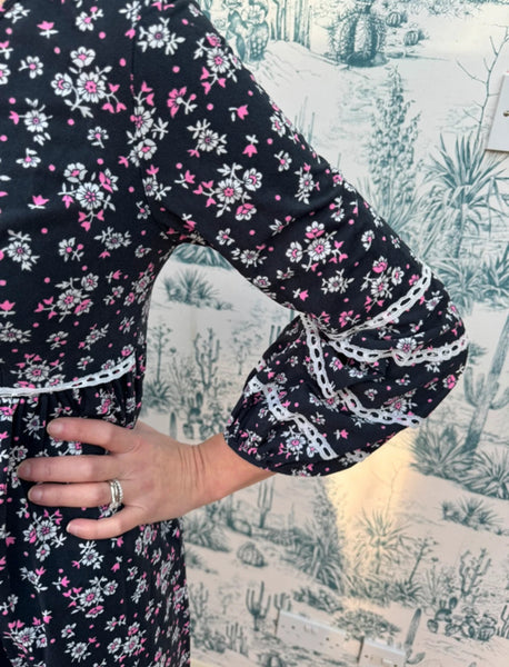 1960s NAVY BLUE MAXI DRESS WITH DITSY PRINT