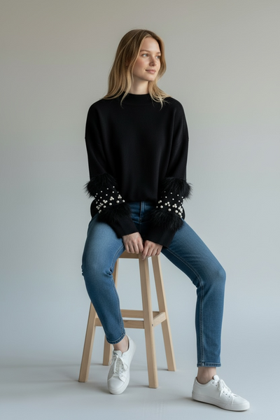 QUIZ LONG BLACK JUMPER WITH PEARLS