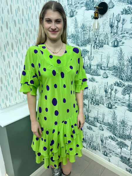 1980s PALLANT LONDON DESIGNER GREEN AND PURPLE SILK DRESS