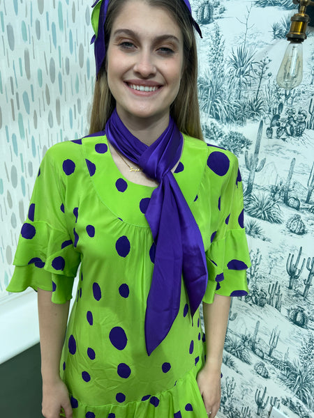 1980s PALLANT LONDON DESIGNER GREEN AND PURPLE SILK DRESS