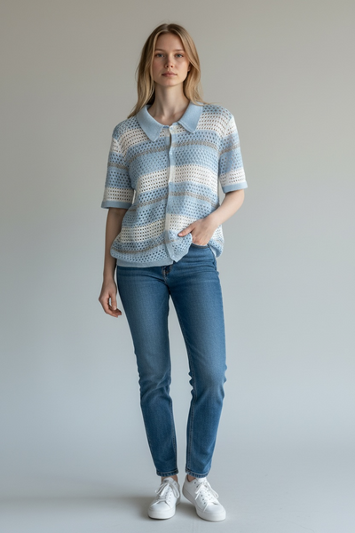 BLUE AND WHITE CROCHET STYLE STRIPED TOP