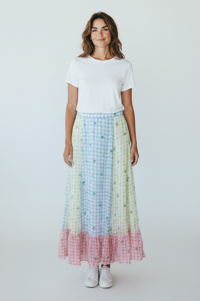 GHOST LONDON PASTEL GINGHAM CHECK AND FLORALS SKIRT XS