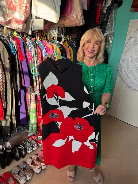 TOYAH HOBBS RED AND BLACK GRAPHIC FLORALS DRESS