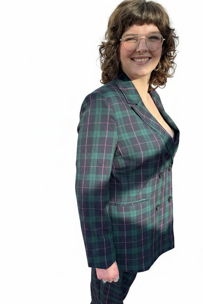 GREEN AND BLUE TARTAN TROUSER SUIT