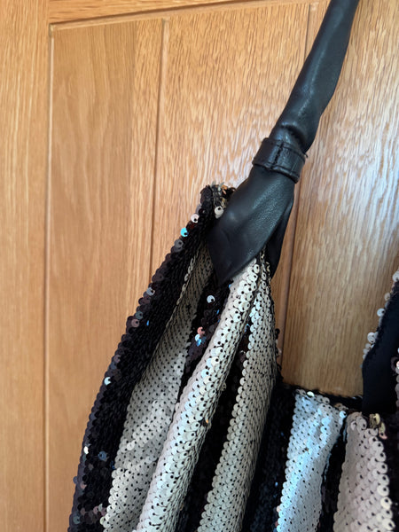LARGE BLACK AND SILVER SEQUINNED STRIPES BAG