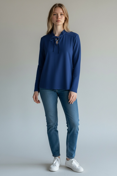 1960s NAVY BLUE TOP WITH RUFFLE COLLAR
