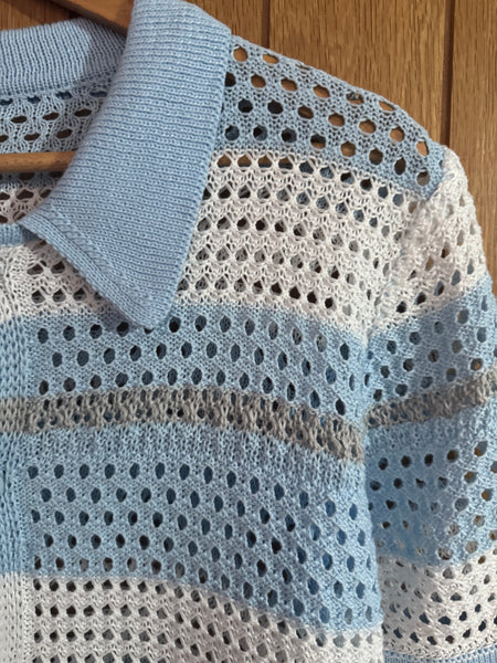 BLUE AND WHITE CROCHET STYLE STRIPED TOP