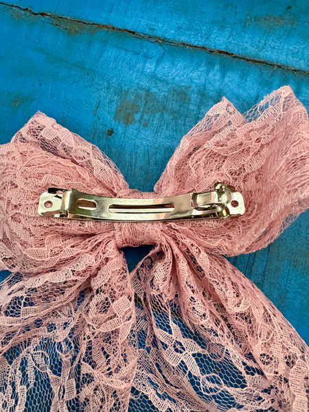 LARGE VINTAGE PINK LACE HAIR BOW