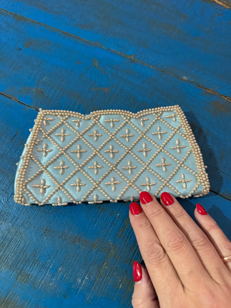1960s VINTAGE BABY BLUE BAG WITH PEARLS