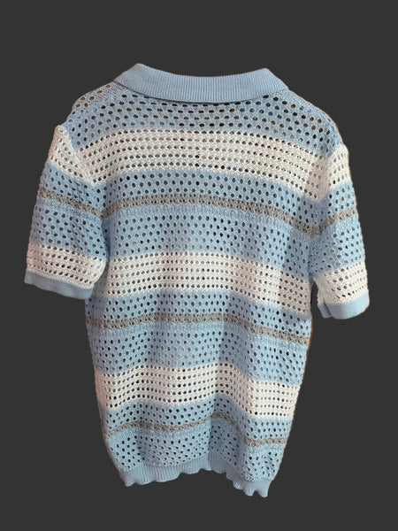 BLUE AND WHITE CROCHET STYLE STRIPED TOP