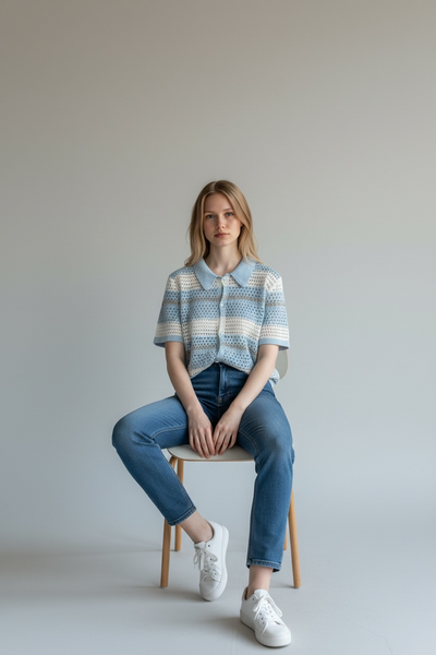 BLUE AND WHITE CROCHET STYLE STRIPED TOP