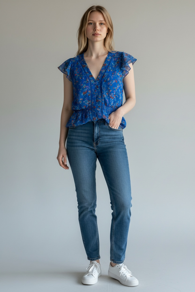 MAUVETTE BLUE AND RED DITSY FLORAL PRINT BLOUSE