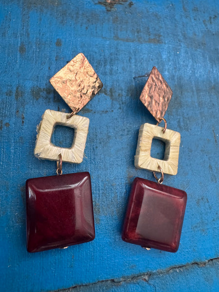 VINTAGE BURGUNDY AND GOLD LARGE DANGLE EARRINGS
