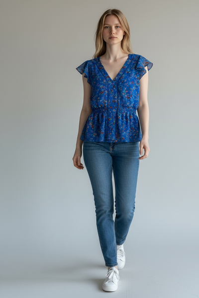 MAUVETTE BLUE AND RED DITSY FLORAL PRINT BLOUSE