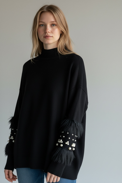 QUIZ LONG BLACK JUMPER WITH PEARLS