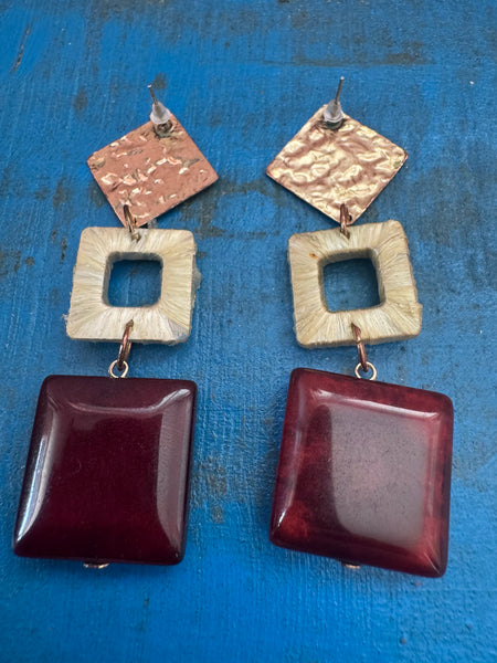 VINTAGE BURGUNDY AND GOLD LARGE DANGLE EARRINGS