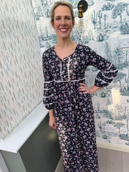 1960s NAVY BLUE MAXI DRESS WITH DITSY PRINT