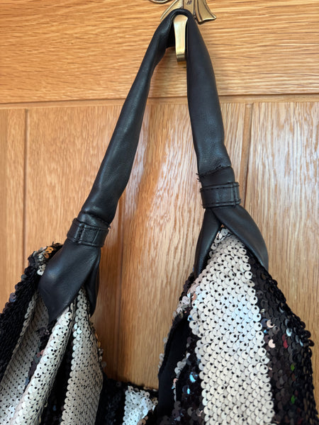 LARGE BLACK AND SILVER SEQUINNED STRIPES BAG