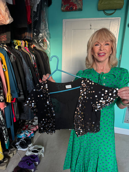 TOYAH BLACK SILK BOLERO TOP WITH SILVER AND BRONZE DISCS